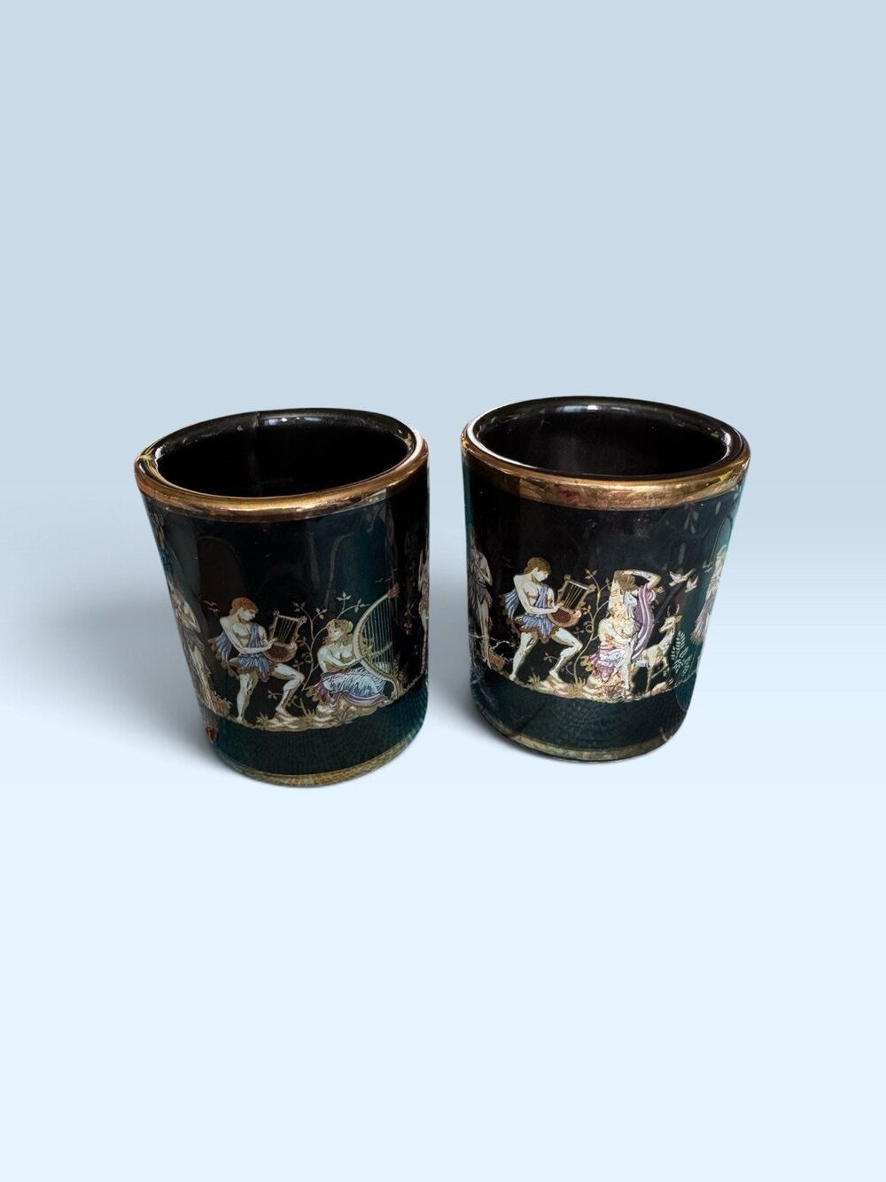 Vintage Greek Black Porcelain Shot Glasses Mythological Gold Trim
